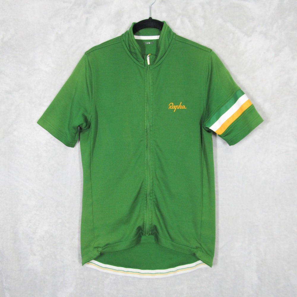 Rapha Mens Full Zip Cycling Jersey Green Short Sleeve Large Striped Armband